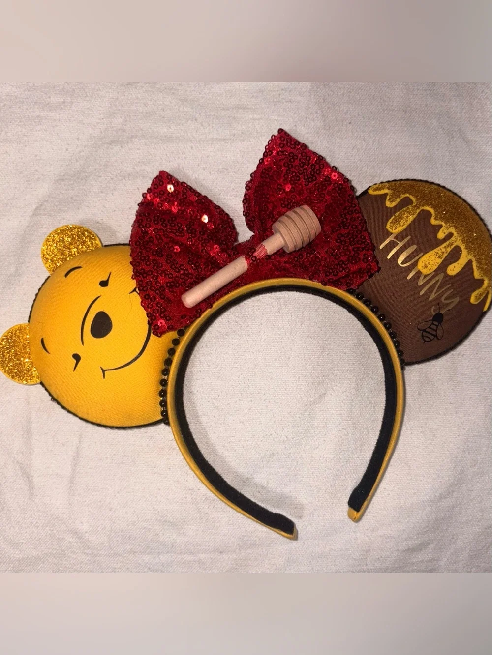 Winnie the Pooh Honey Ears Headband with Red Sequin Bow